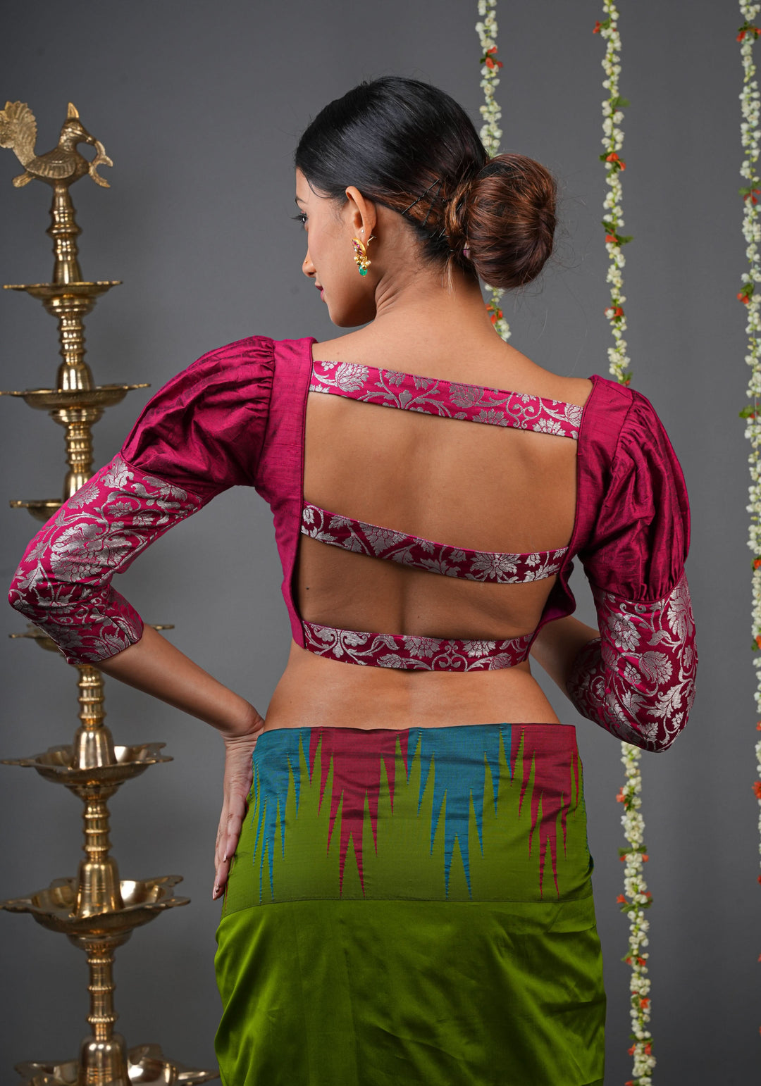 Made To Order: Magenta Pure Raw Silk Blouse with Puff Sleeves and Banarasi Brocade Detailing