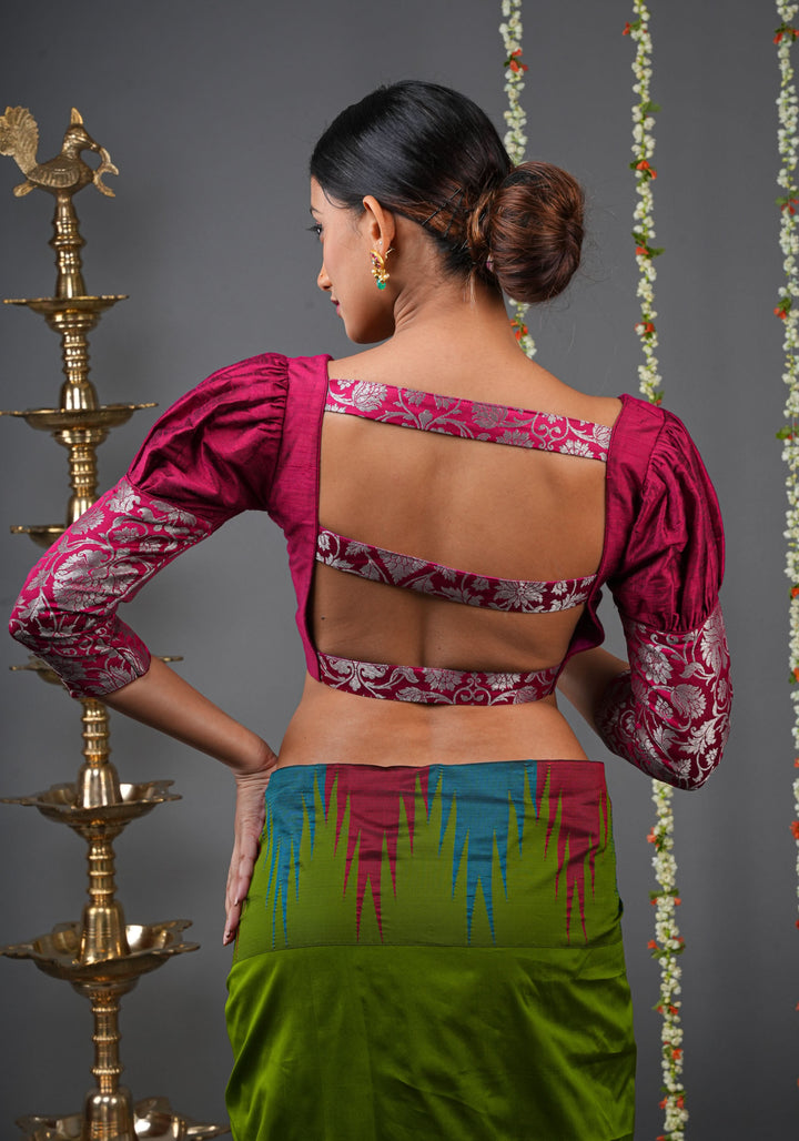 Made To Order: Magenta Pure Raw Silk Blouse with Puff Sleeves and Banarasi Brocade Detailing