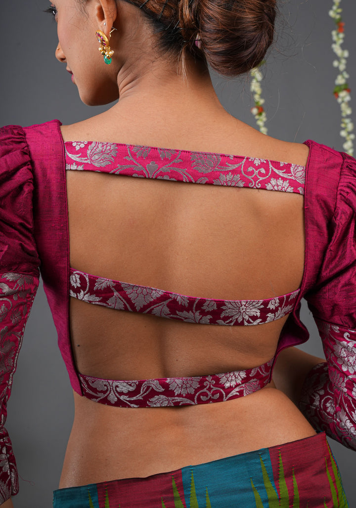 Made To Order: Magenta Pure Raw Silk Blouse with Puff Sleeves and Banarasi Brocade Detailing