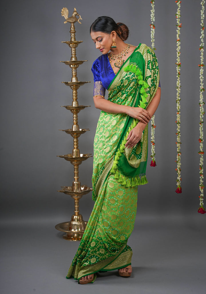 Authentic Hand Bandhej Banarasi Silk Georgette Saree in Ombre shades of Green  | SILK MARK CERTIFIED