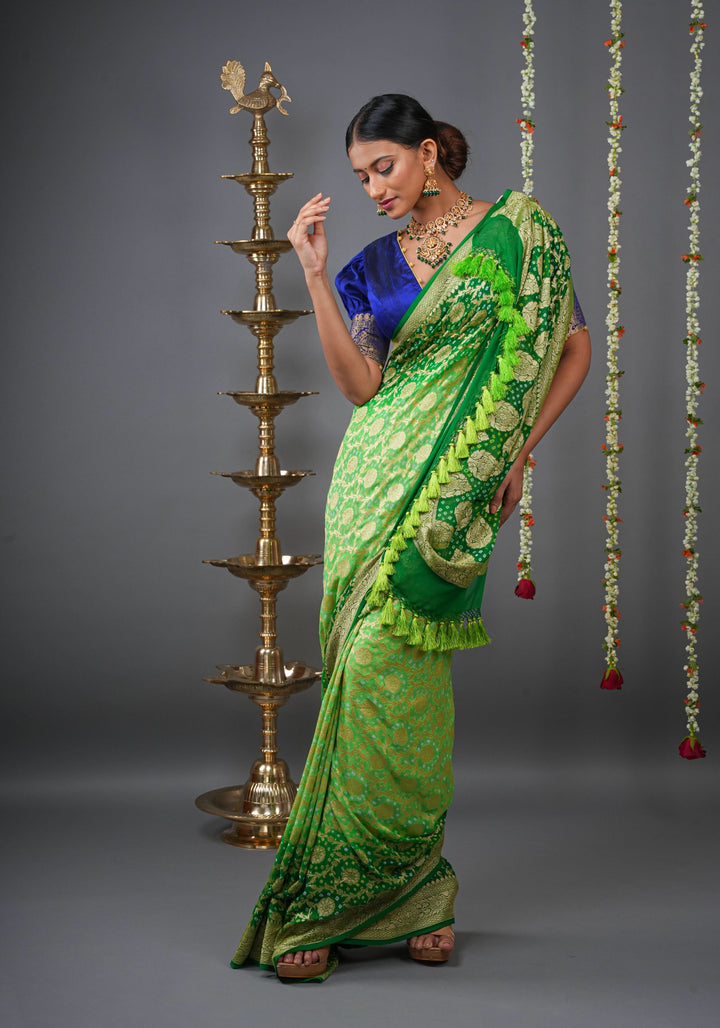 Authentic Hand Bandhej Banarasi Silk Georgette Saree in Ombre shades of Green  | SILK MARK CERTIFIED