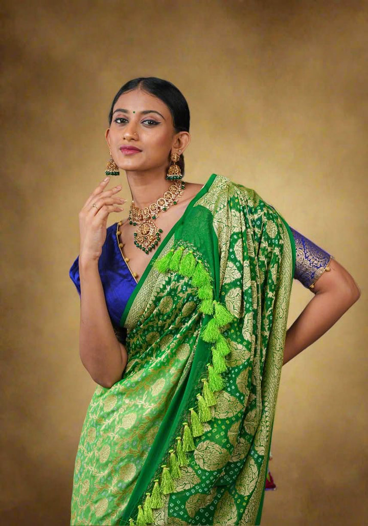 Authentic Hand Bandhej Banarasi Silk Georgette Saree in Ombre shades of Green  | SILK MARK CERTIFIED