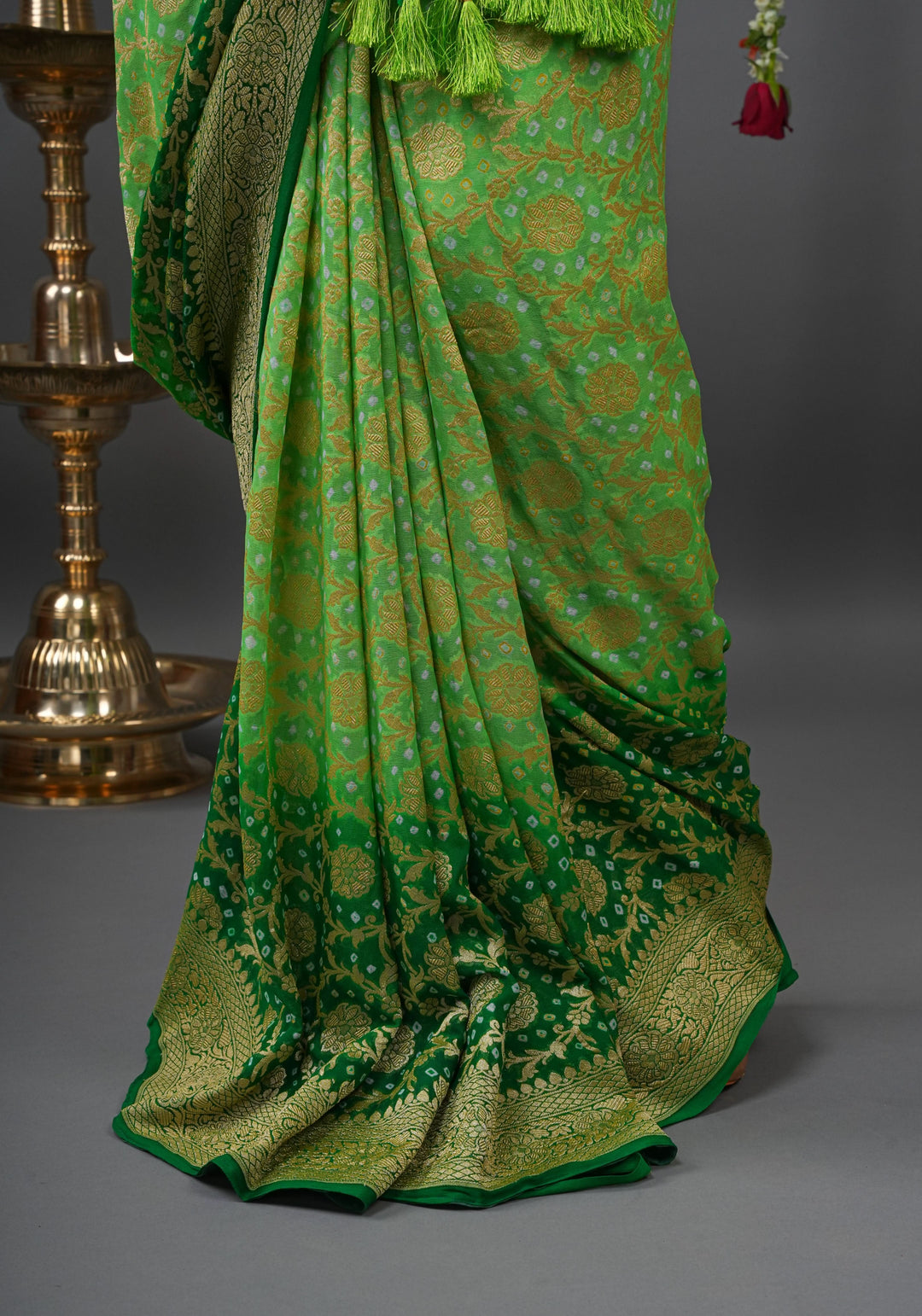 Authentic Hand Bandhej Banarasi Silk Georgette Saree in Ombre shades of Green  | SILK MARK CERTIFIED