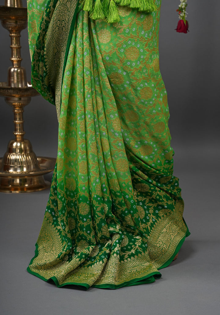 Authentic Hand Bandhej Banarasi Silk Georgette Saree in Ombre shades of Green  | SILK MARK CERTIFIED