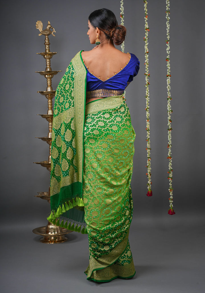 Authentic Hand Bandhej Banarasi Silk Georgette Saree in Ombre shades of Green  | SILK MARK CERTIFIED