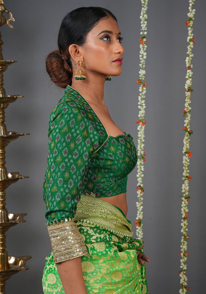 Made To Order: Emerald Green Pure Raw Silk Ikkat Weave Blouse with Scallop neck and long sleeve with gotta patti detailing