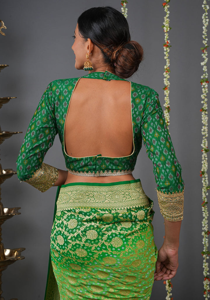 Made To Order: Emerald Green Pure Raw Silk Ikkat Weave Blouse with Scallop neck and long sleeve with gotta patti detailing