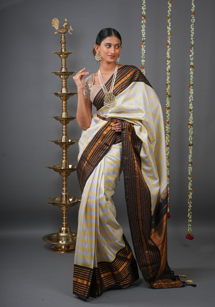 Checks with Korvai Border Gadwal Pure Silk Saree in Butter Yellow and Heather Gray  | SILK MARK CERTIFIED