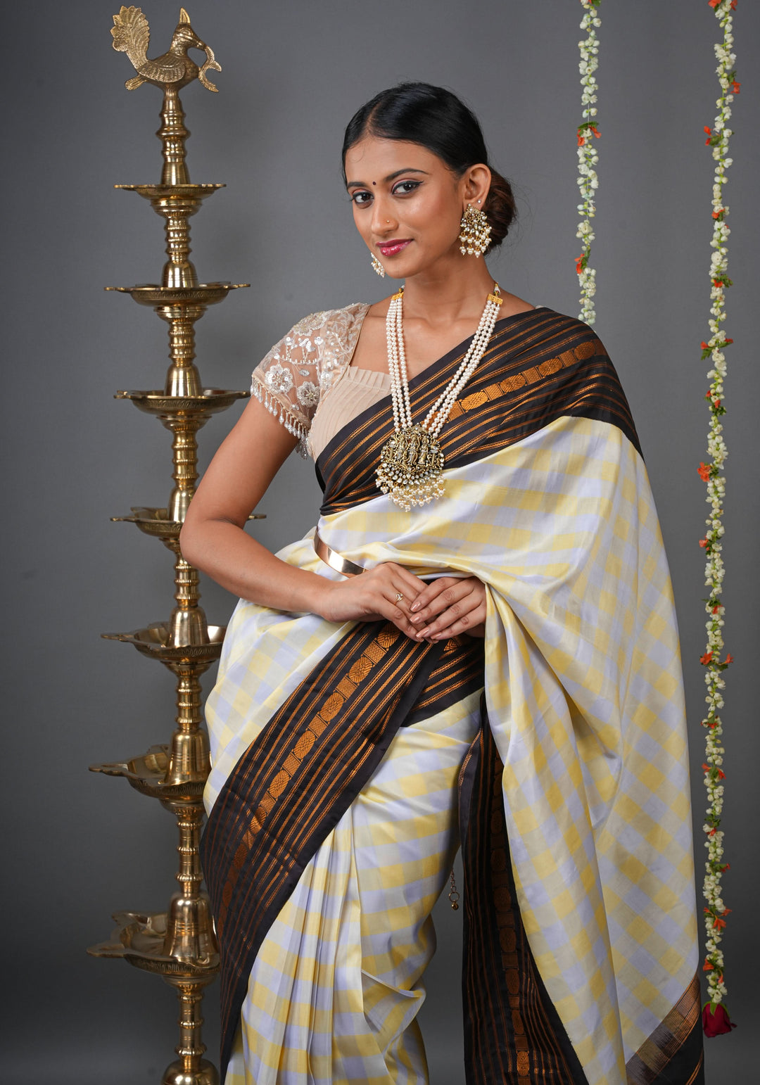 Checks with Korvai Border Gadwal Pure Silk Saree in Butter Yellow and Heather Gray  | SILK MARK CERTIFIED