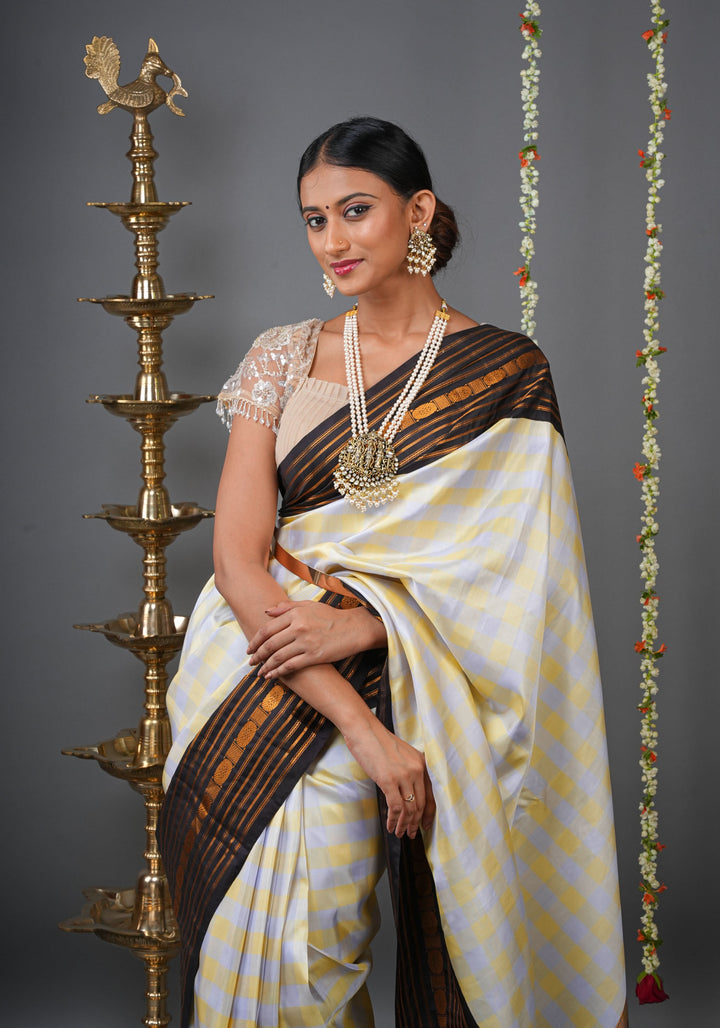 Checks with Korvai Border Gadwal Pure Silk Saree in Butter Yellow and Heather Gray  | SILK MARK CERTIFIED
