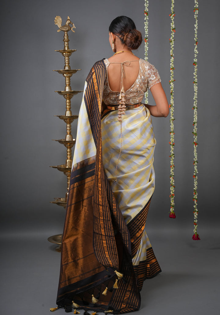 Checks with Korvai Border Gadwal Pure Silk Saree in Butter Yellow and Heather Gray  | SILK MARK CERTIFIED