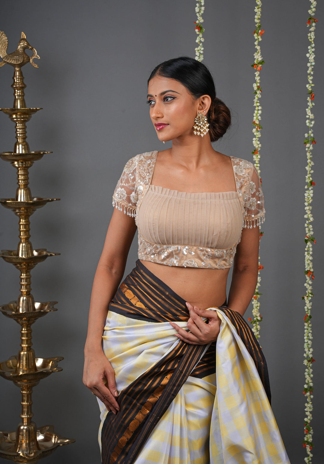 Made To Order: Corset Style Biscuit Color Sequin Blouse with pleated detailing