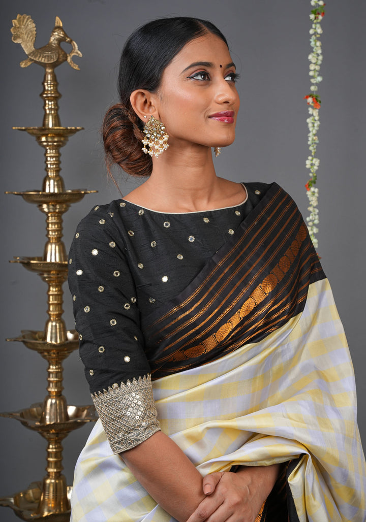 Black Pure raw silk blouse with mirror work,backless  design with gotta trim. Made to Order