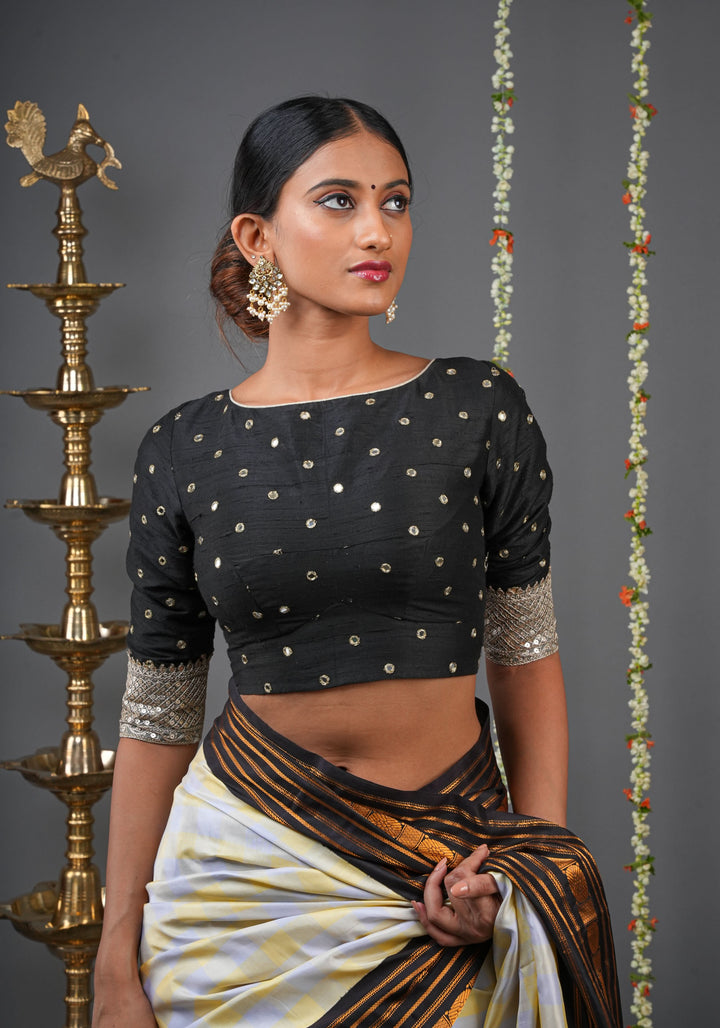 Black Pure raw silk blouse with mirror work,backless  design with gotta trim. Made to Order