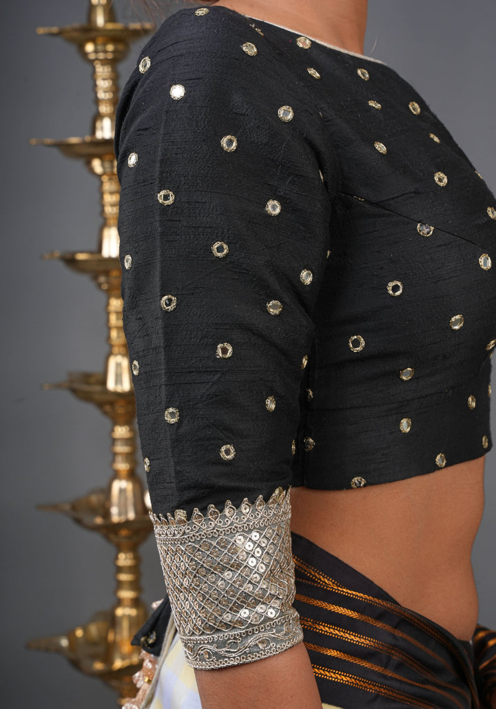 Black Pure raw silk blouse with mirror work,backless  design with gotta trim. Made to Order
