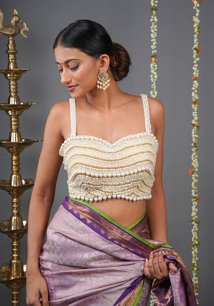 Made To Order: White  Heavy Pearl Beaded Sleeveless Blouse