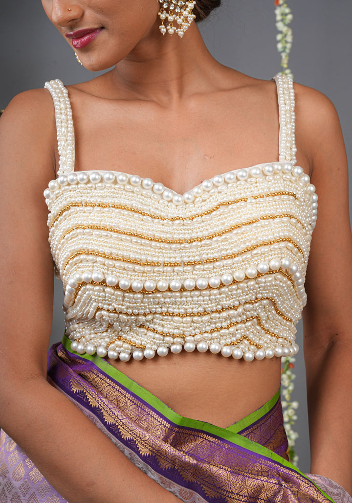 Made To Order: White  Heavy Pearl Beaded Sleeveless Blouse