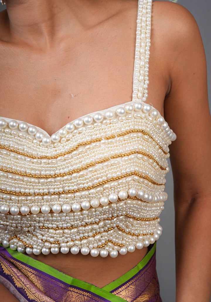Made To Order: White  Heavy Pearl Beaded Sleeveless Blouse