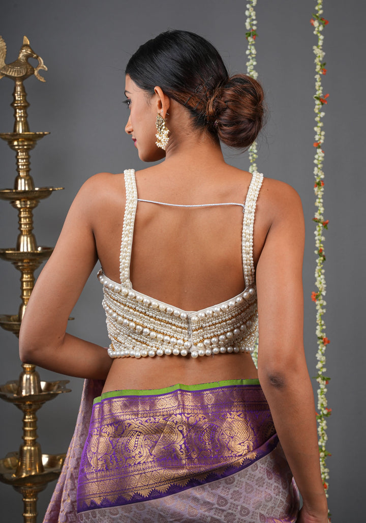 Made To Order: White  Heavy Pearl Beaded Sleeveless Blouse
