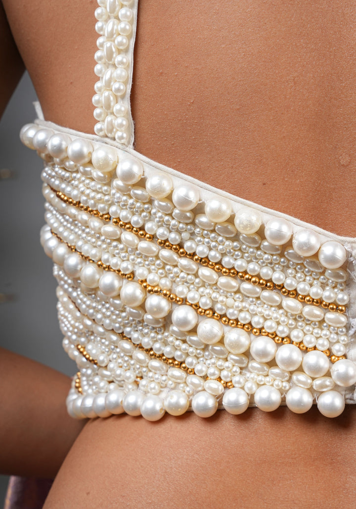 Made To Order: White  Heavy Pearl Beaded Sleeveless Blouse