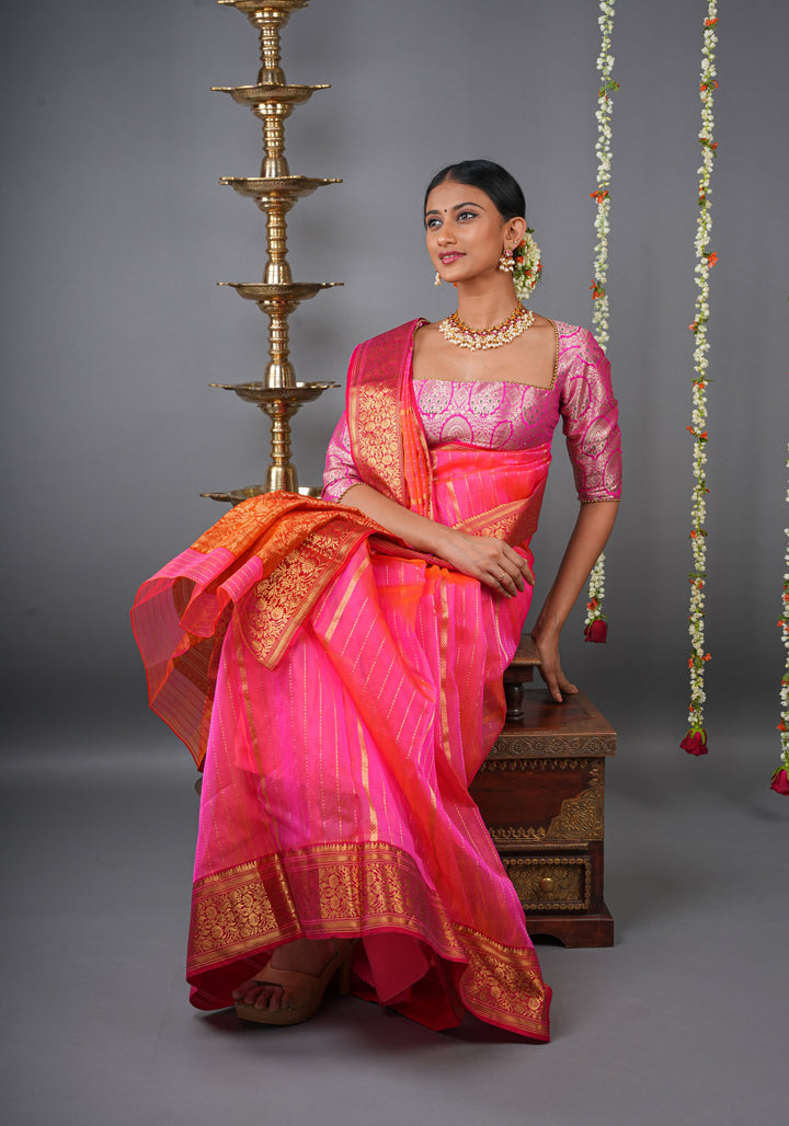 Stunning Striped Chanderi Silk Saree in Pink  Dual Tone