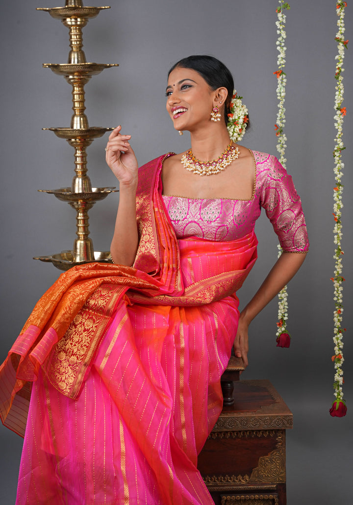 Stunning Striped Chanderi Silk Saree in Pink  Dual Tone