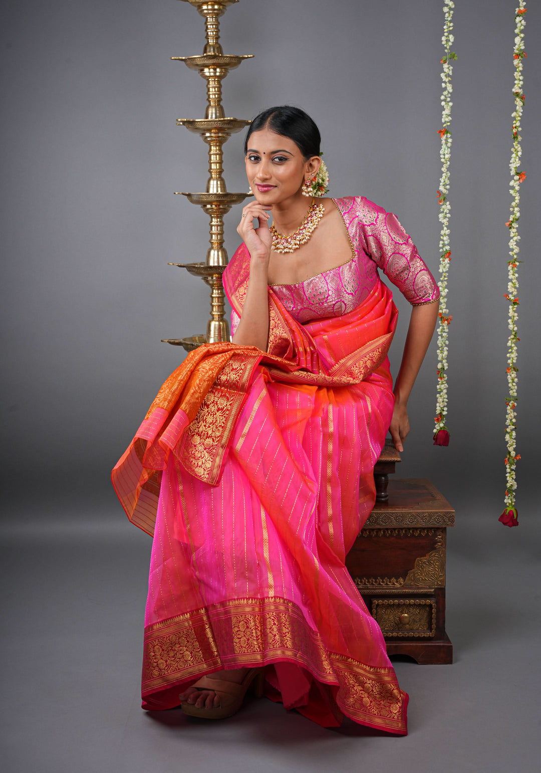 Stunning Striped Chanderi Silk Saree in Pink  Dual Tone