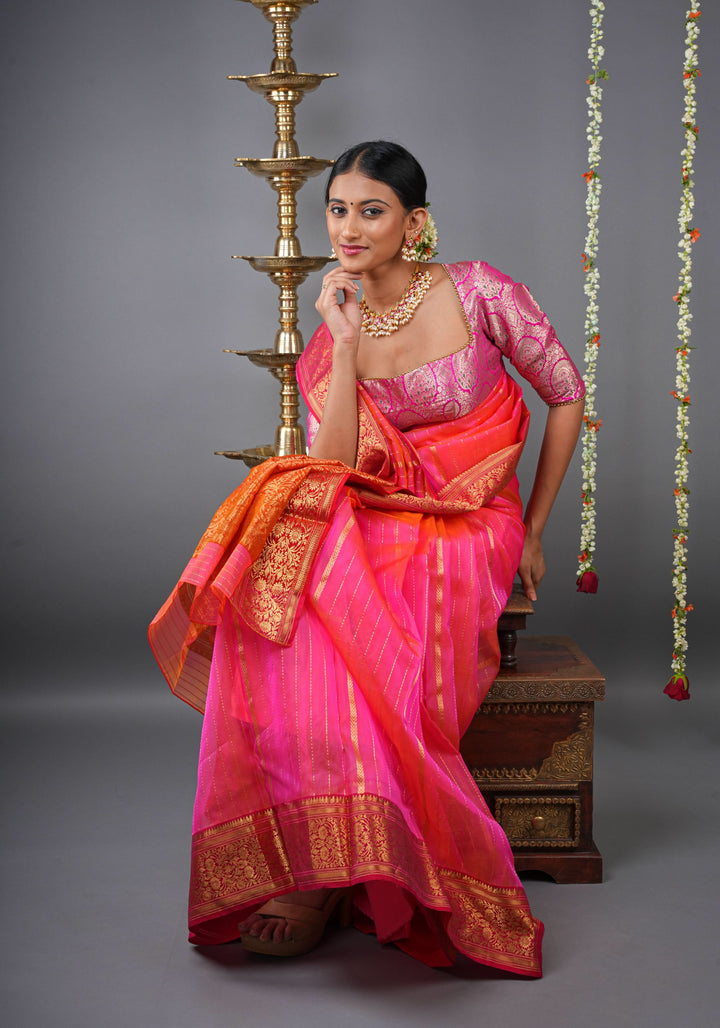 Stunning Striped Chanderi Silk Saree in Pink  Dual Tone