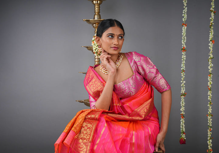 Stunning Striped Chanderi Silk Saree in Pink  Dual Tone