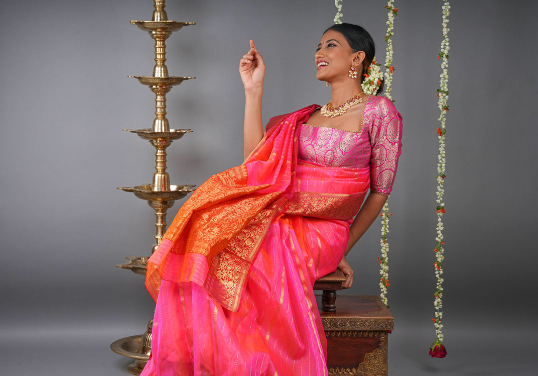 Stunning Striped Chanderi Silk Saree in Pink  Dual Tone