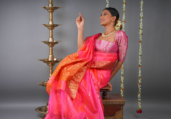 Stunning Striped Chanderi Silk Saree in Pink  Dual Tone