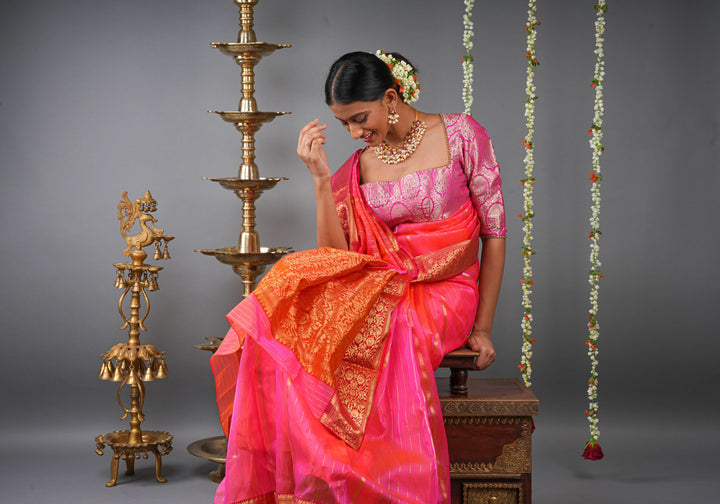 Stunning Striped Chanderi Silk Saree in Pink  Dual Tone