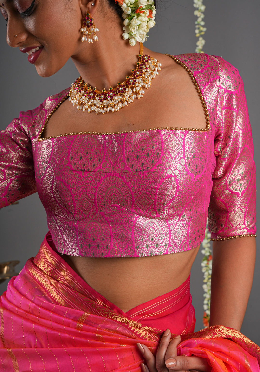 Pink Meenakari Brocade Blouse eith Trapezoid Neck and Zari detailing | Made to Order