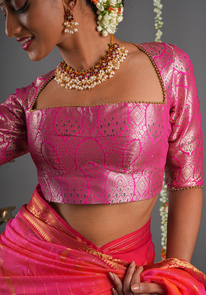 Pink Meenakari Brocade Blouse eith Trapezoid Neck and Zari detailing | Made to Order