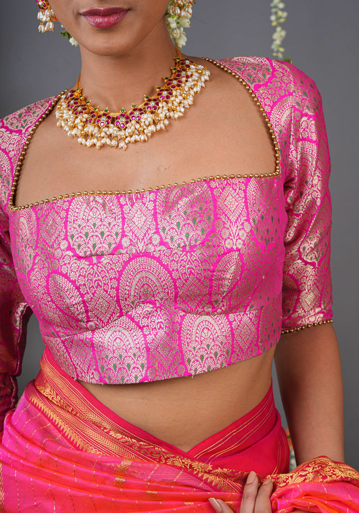 Pink Meenakari Brocade Blouse eith Trapezoid Neck and Zari detailing | Made to Order