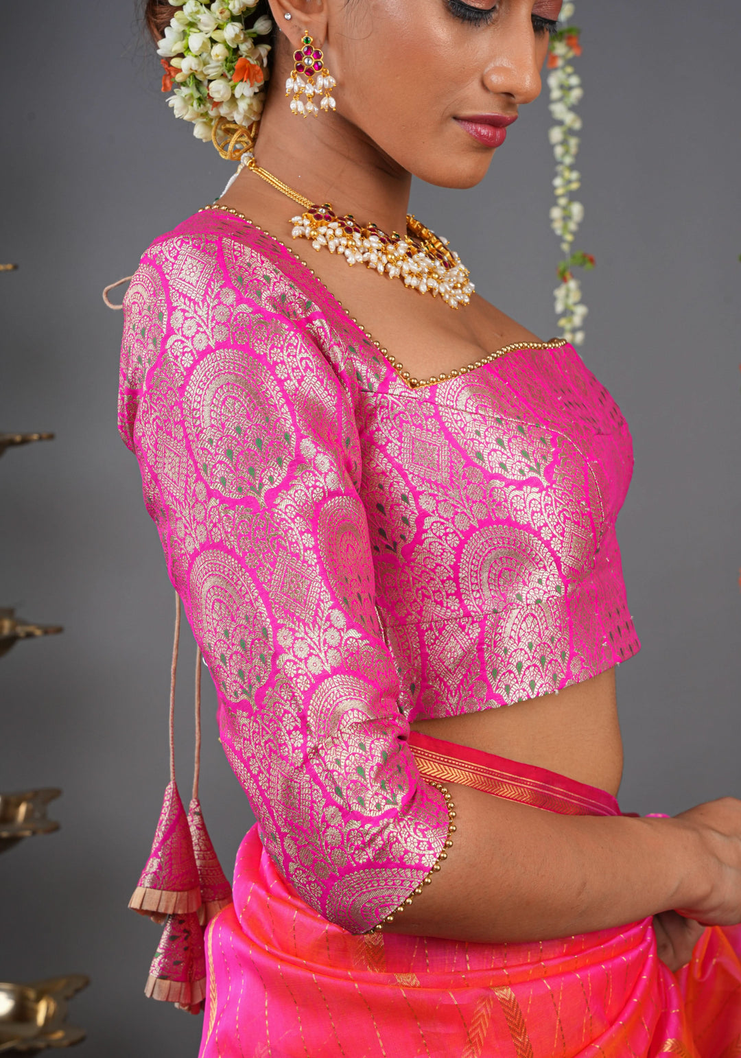 Pink Meenakari Brocade Blouse eith Trapezoid Neck and Zari detailing | Made to Order