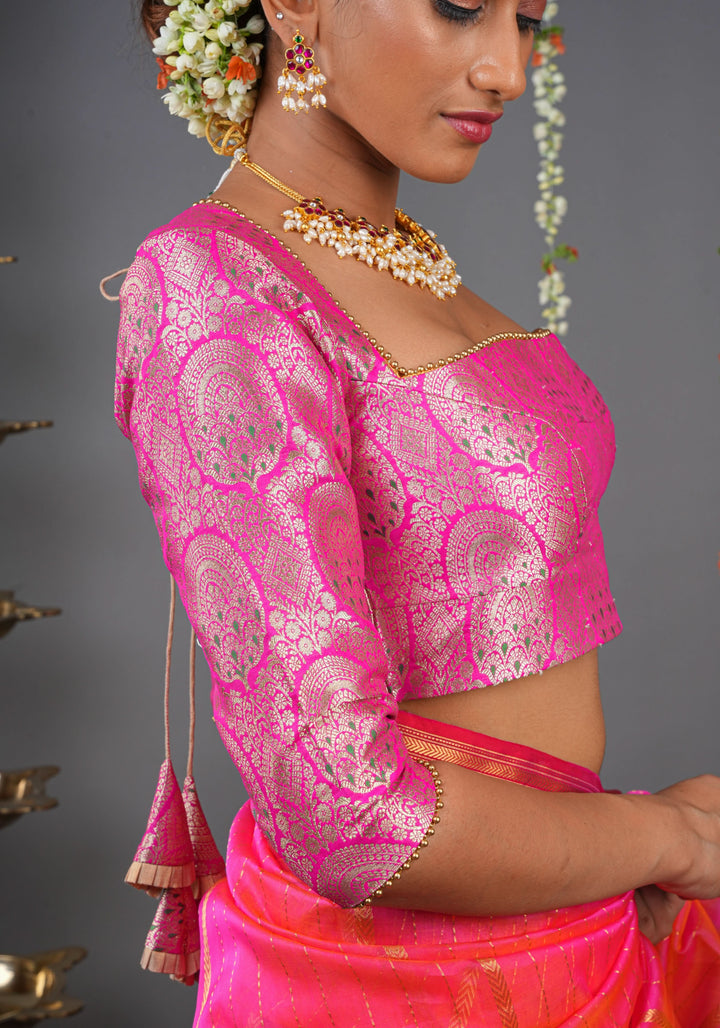 Pink Meenakari Brocade Blouse eith Trapezoid Neck and Zari detailing | Made to Order