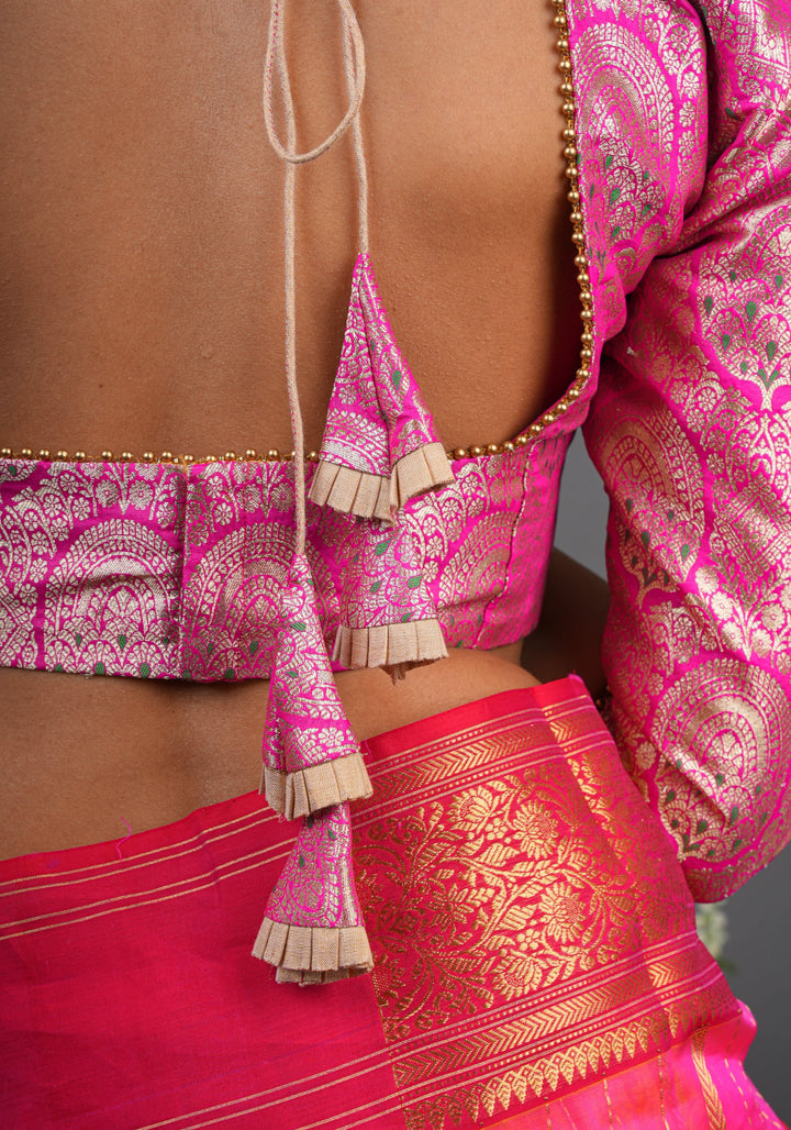 Pink Meenakari Brocade Blouse eith Trapezoid Neck and Zari detailing | Made to Order