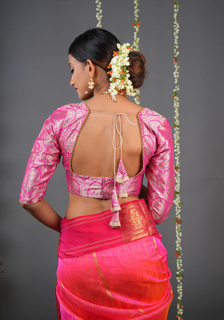 Pink Meenakari Brocade Blouse eith Trapezoid Neck and Zari detailing | Made to Order