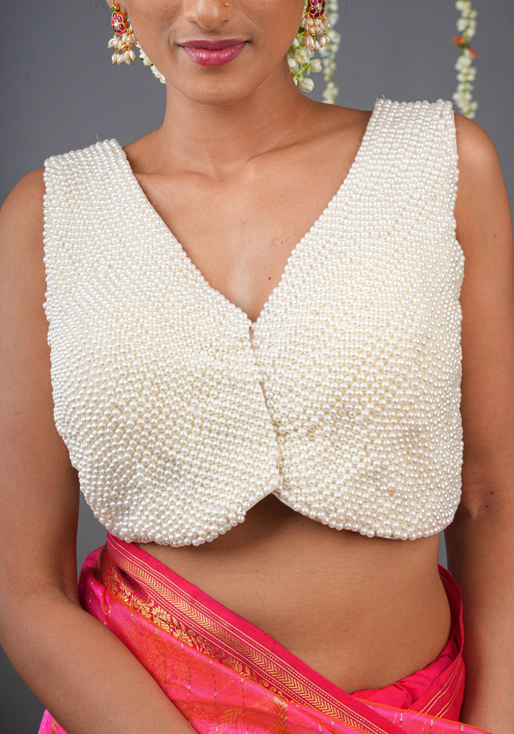 Moti jadau Blouse with Multiple moti strands in back, Made to Order