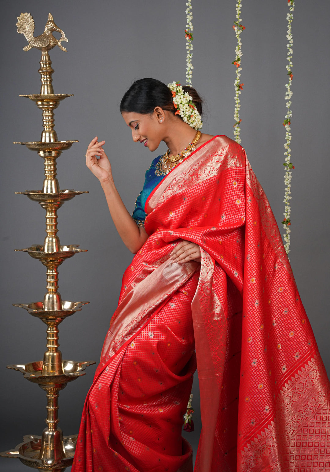 Coral Red Kanjivaram Silk Saree with Zari Checks with Meenakari Motifs  | SILK MARK CERTIFIED