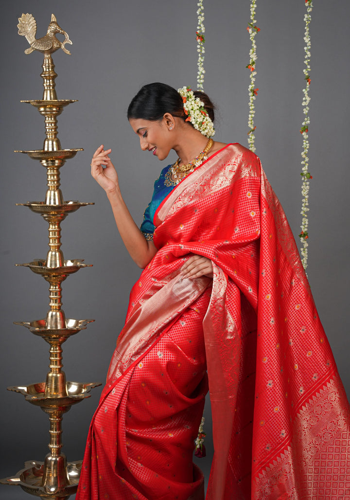 Coral Red Kanjivaram Silk Saree with Zari Checks with Meenakari Motifs  | SILK MARK CERTIFIED