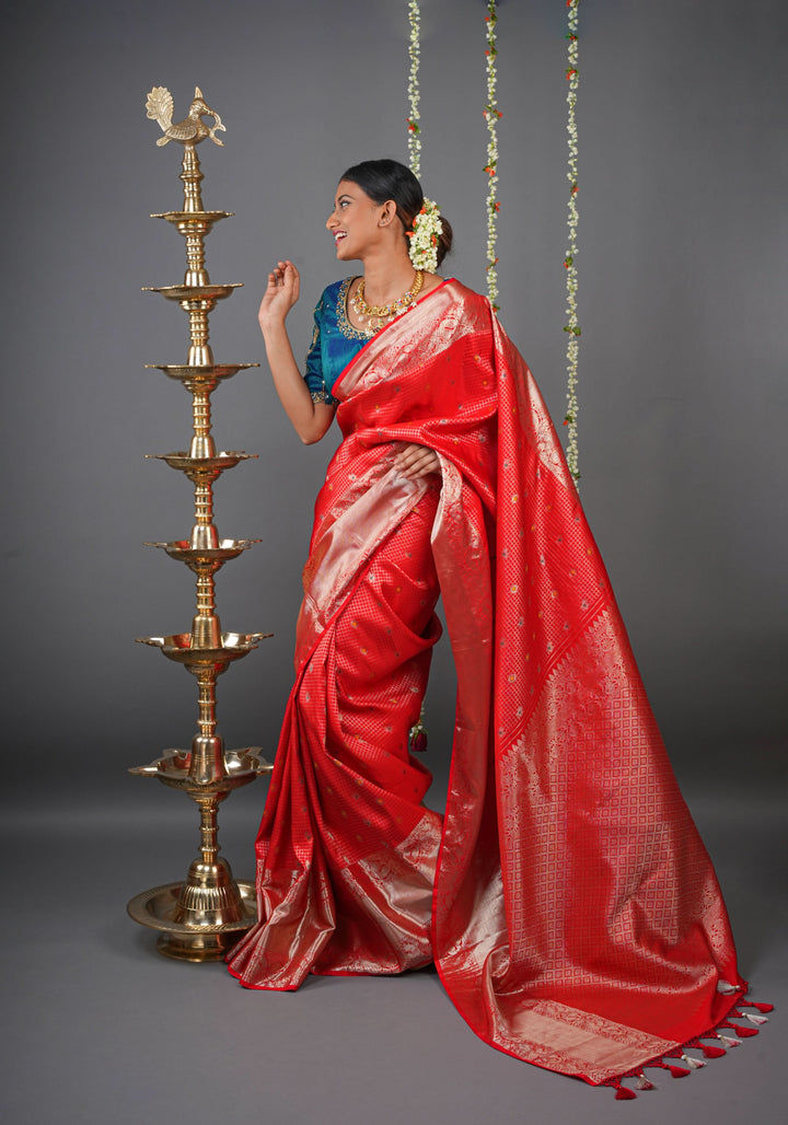 Coral Red Kanjivaram Silk Saree with Zari Checks with Meenakari Motifs  | SILK MARK CERTIFIED