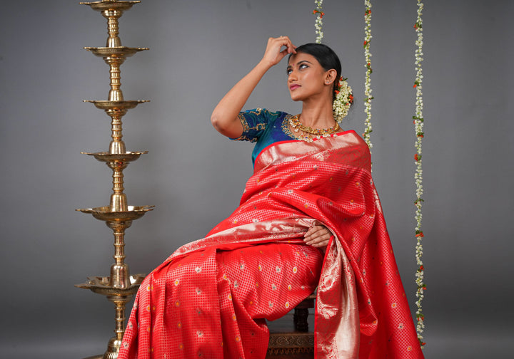 Coral Red Kanjivaram Silk Saree with Zari Checks with Meenakari Motifs  | SILK MARK CERTIFIED