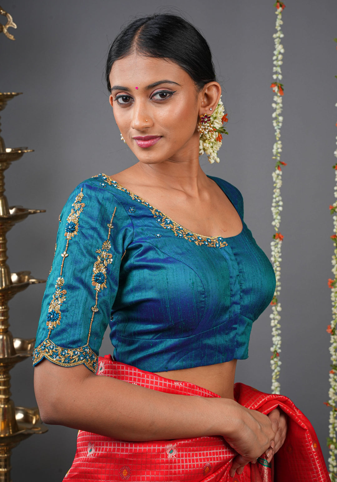 Made to Order: Peacock Blue Pure Raw Silk Blouse with Zardozi and Bead detailing