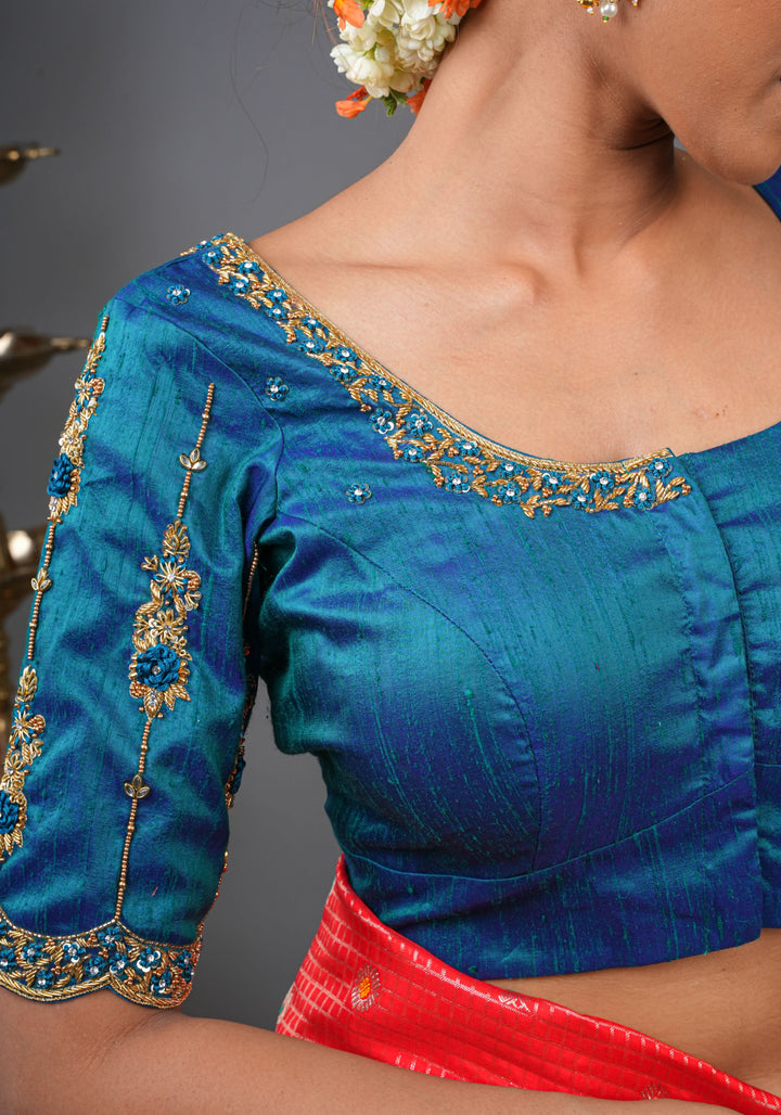 Made to Order: Peacock Blue Pure Raw Silk Blouse with Zardozi and Bead detailing