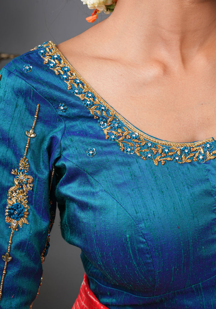 Made to Order: Peacock Blue Pure Raw Silk Blouse with Zardozi and Bead detailing
