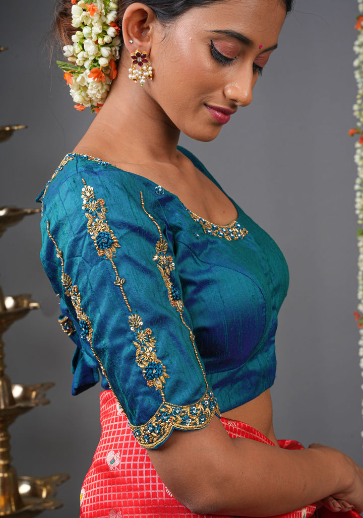 Made to Order: Peacock Blue Pure Raw Silk Blouse with Zardozi and Bead detailing