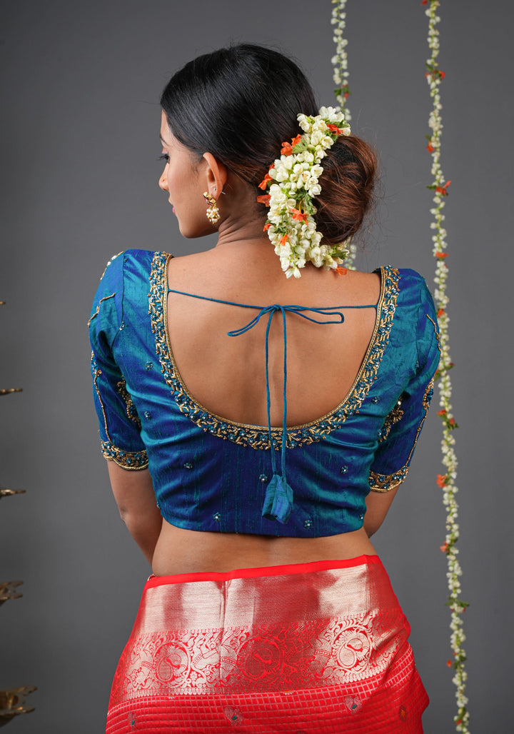 Made to Order: Peacock Blue Pure Raw Silk Blouse with Zardozi and Bead detailing