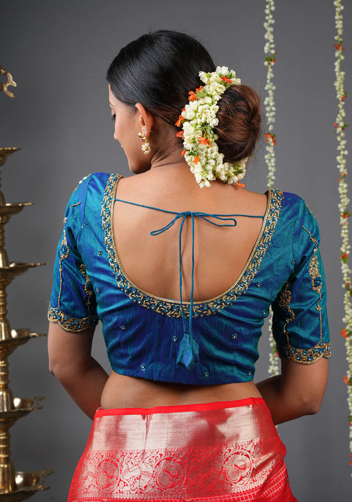 Made to Order: Peacock Blue Pure Raw Silk Blouse with Zardozi and Bead detailing